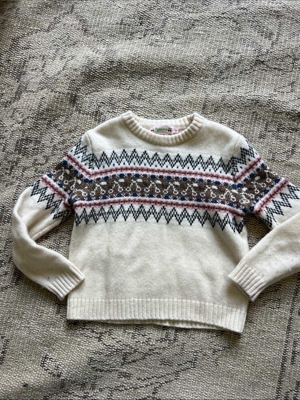 Bonpoint Cream Fair Isle Knit Sweater with Navy, Brown and Pink Accents